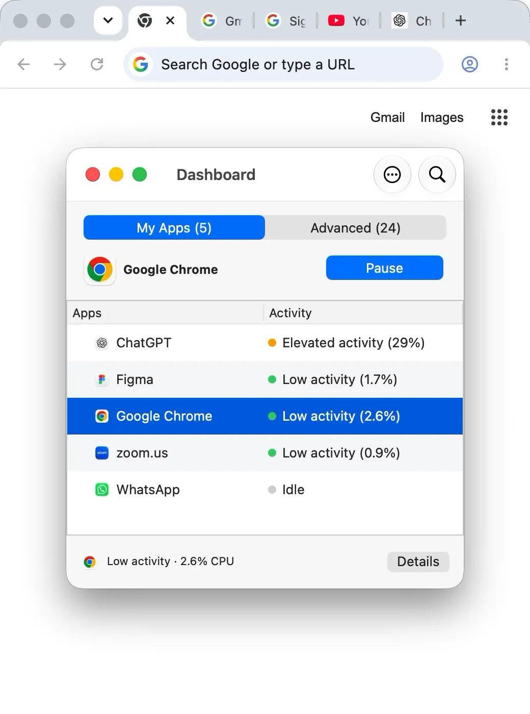 Current AppHalt 1.9.2 Dashboard showing Chrome, ChatGPT, Figma, Zoom, and WhatsApp