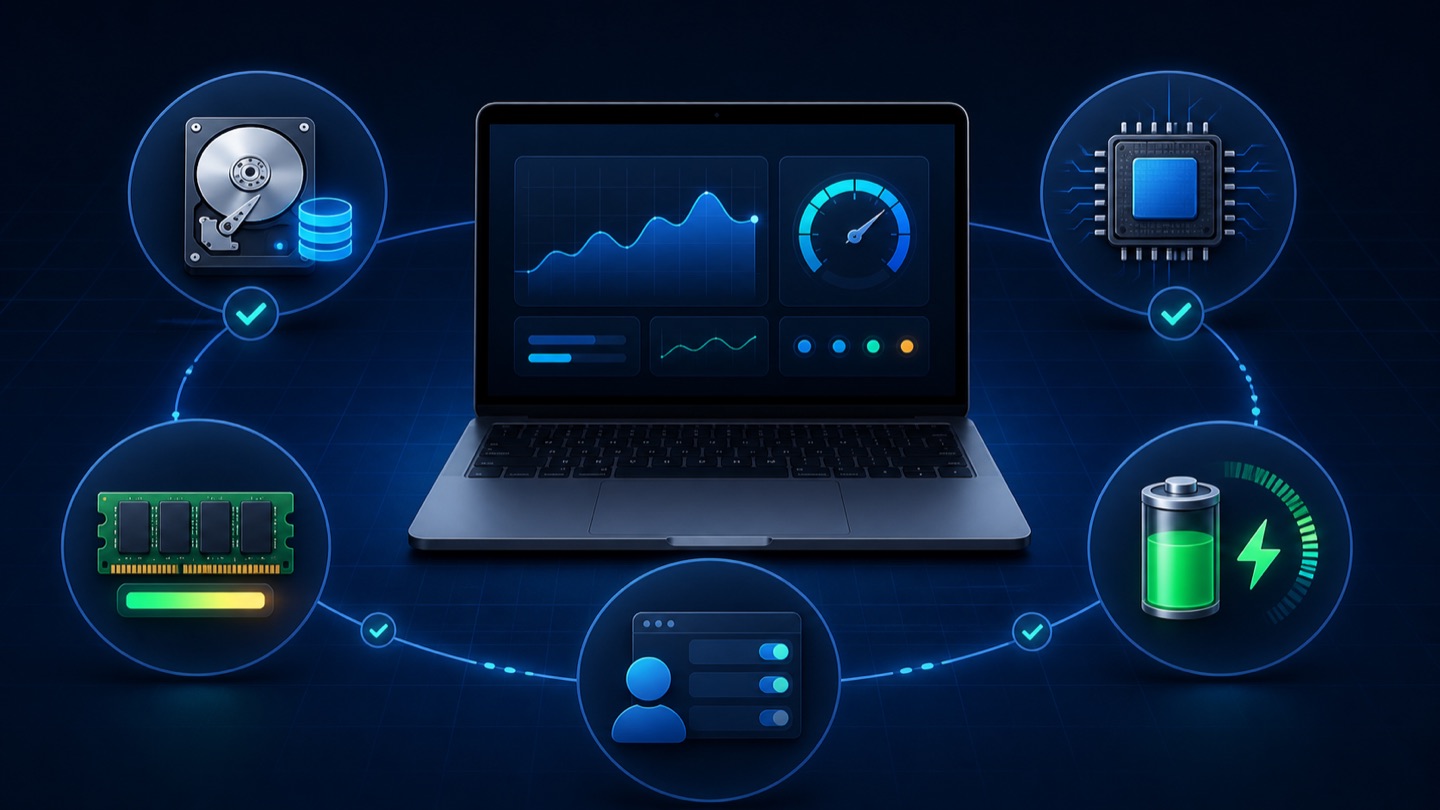 Illustration of a Mac performance checklist covering storage, processor, memory, battery, and background items