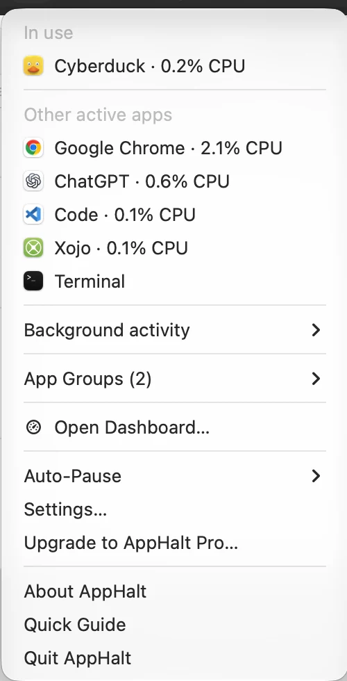 AppHalt menu with app activity and pause controls