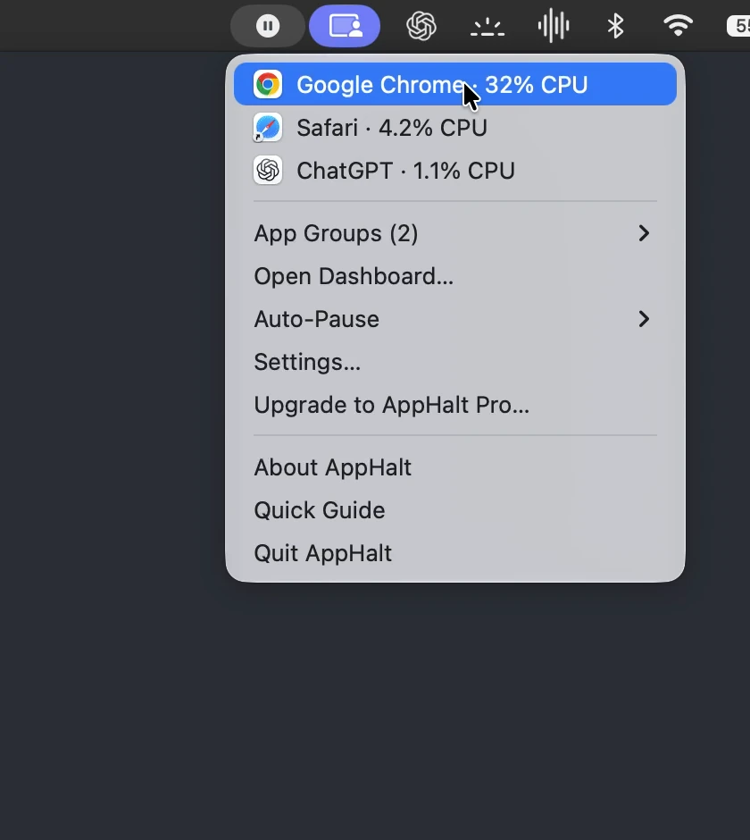 Native AppHalt menu demonstration showing Google Chrome, Safari, and ChatGPT with different CPU activity
