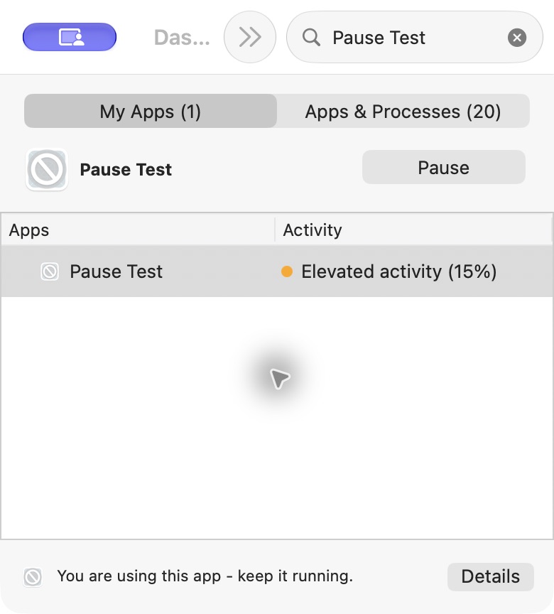 AppHalt showing the isolated Pause Test app active with a Pause button