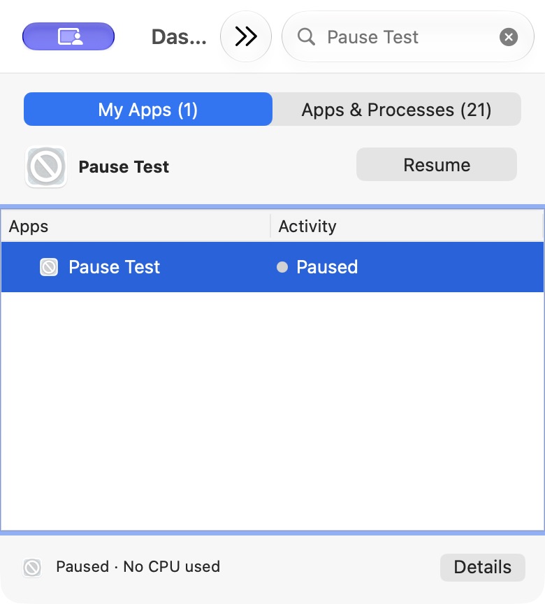 AppHalt showing Pause Test paused with a Resume button