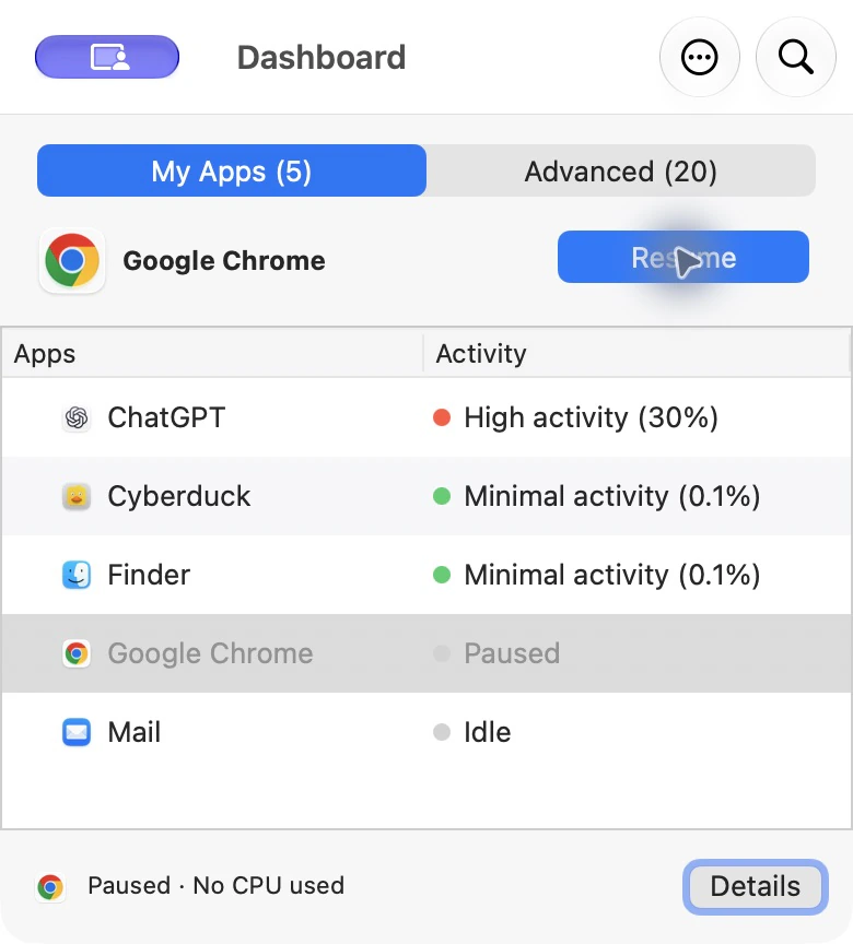 Tableau de bord AppHalt montrant Google Chrome suspendu avec le bouton Reprendre disponible