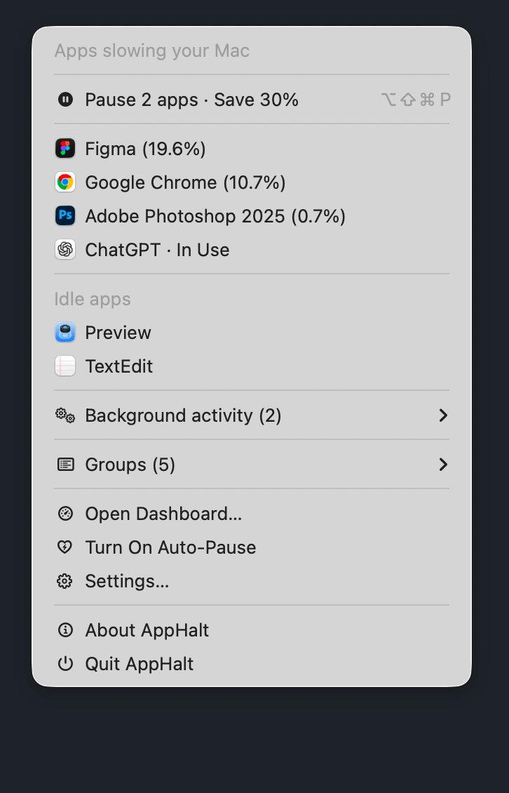 AppHalt menu GIF preview