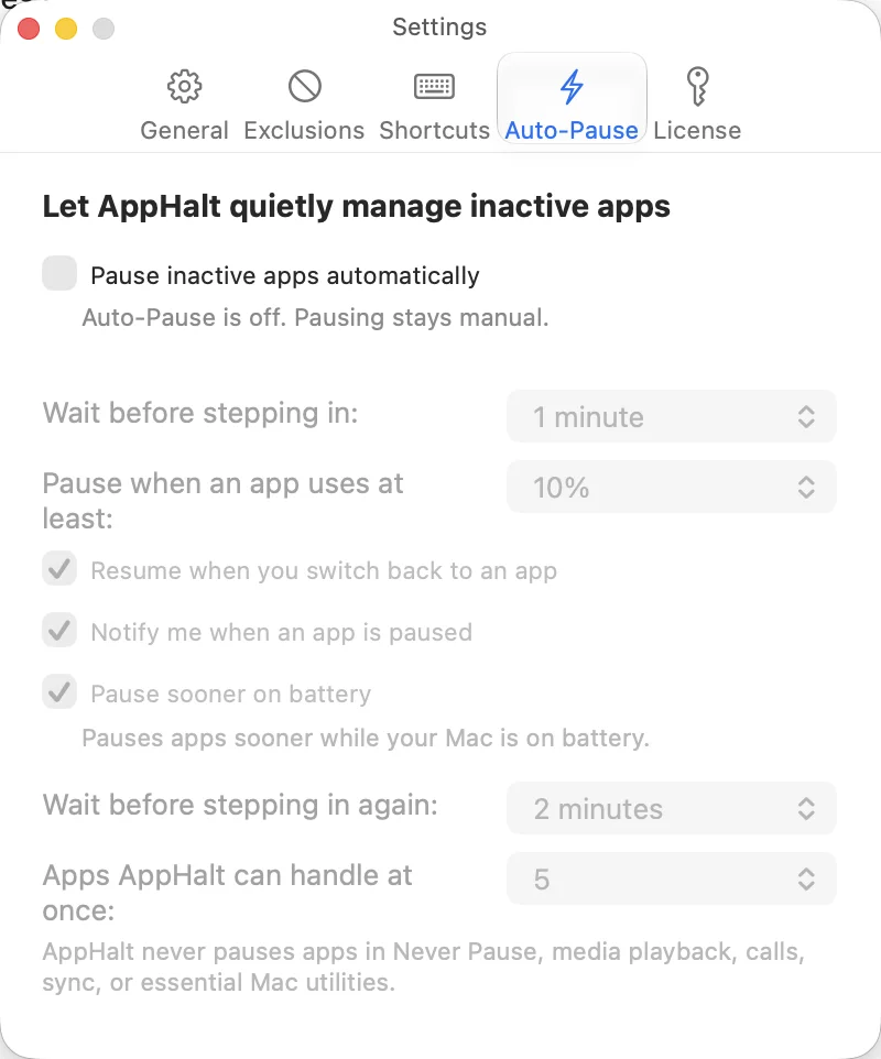 AppHalt Auto-Pause settings in English, showing that Auto-Pause is off.