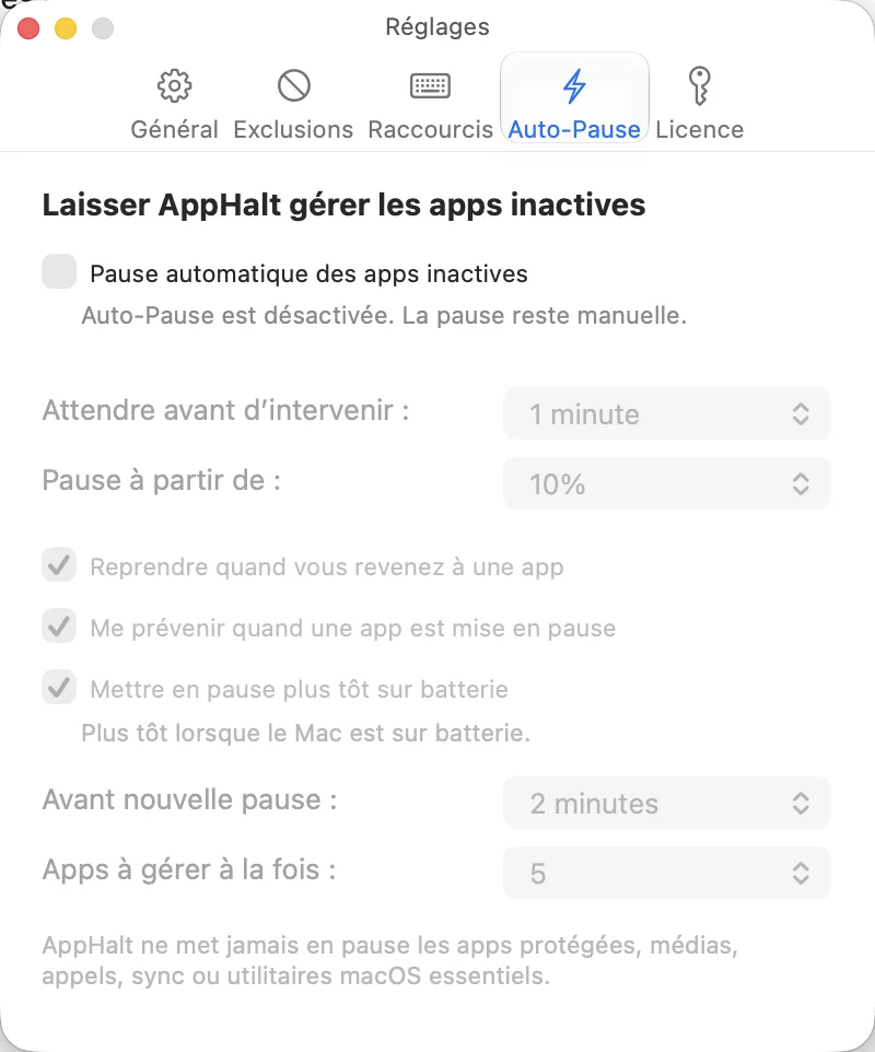 Les réglages Pause auto d’AppHalt en français, montrant que la Pause auto est désactivée.