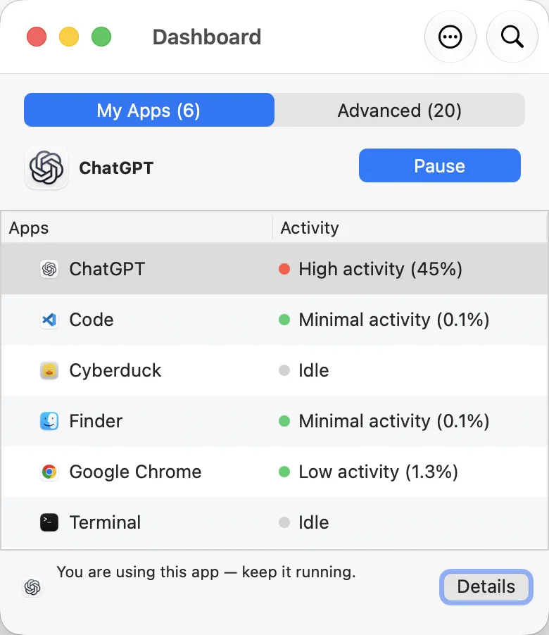 The AppHalt Dashboard in English showing app activity and advice for the selected app.