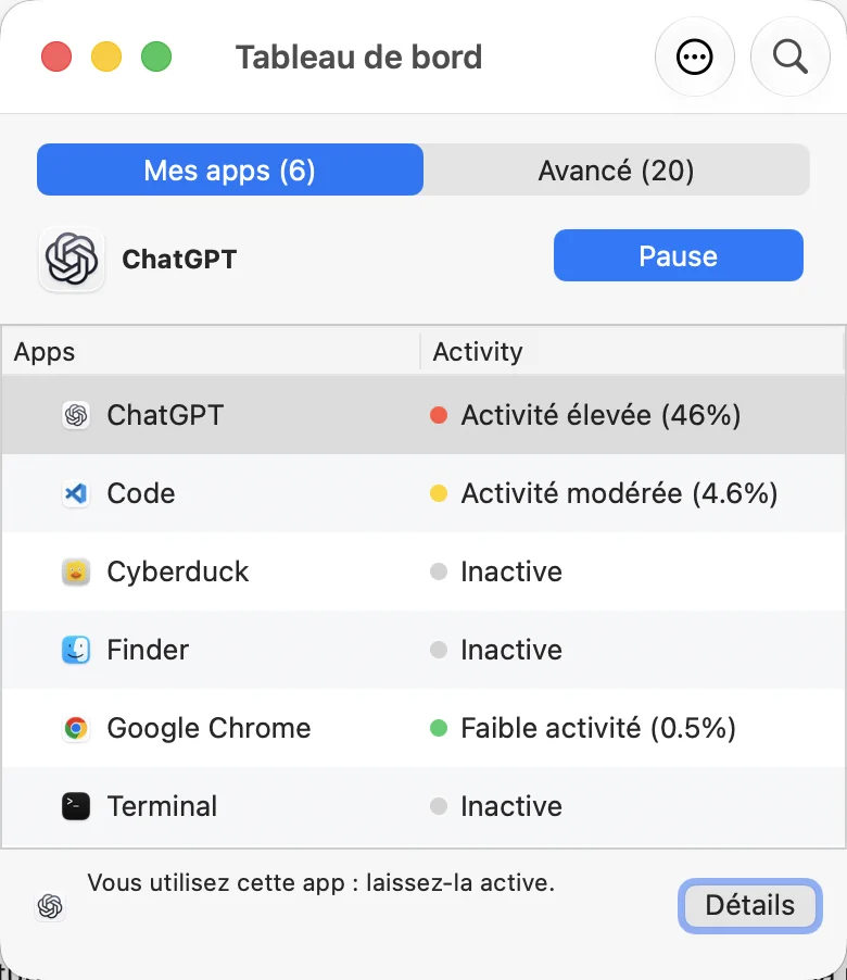 Le tableau de bord AppHalt en français, avec l’activité des apps et un conseil pour l’app sélectionnée.