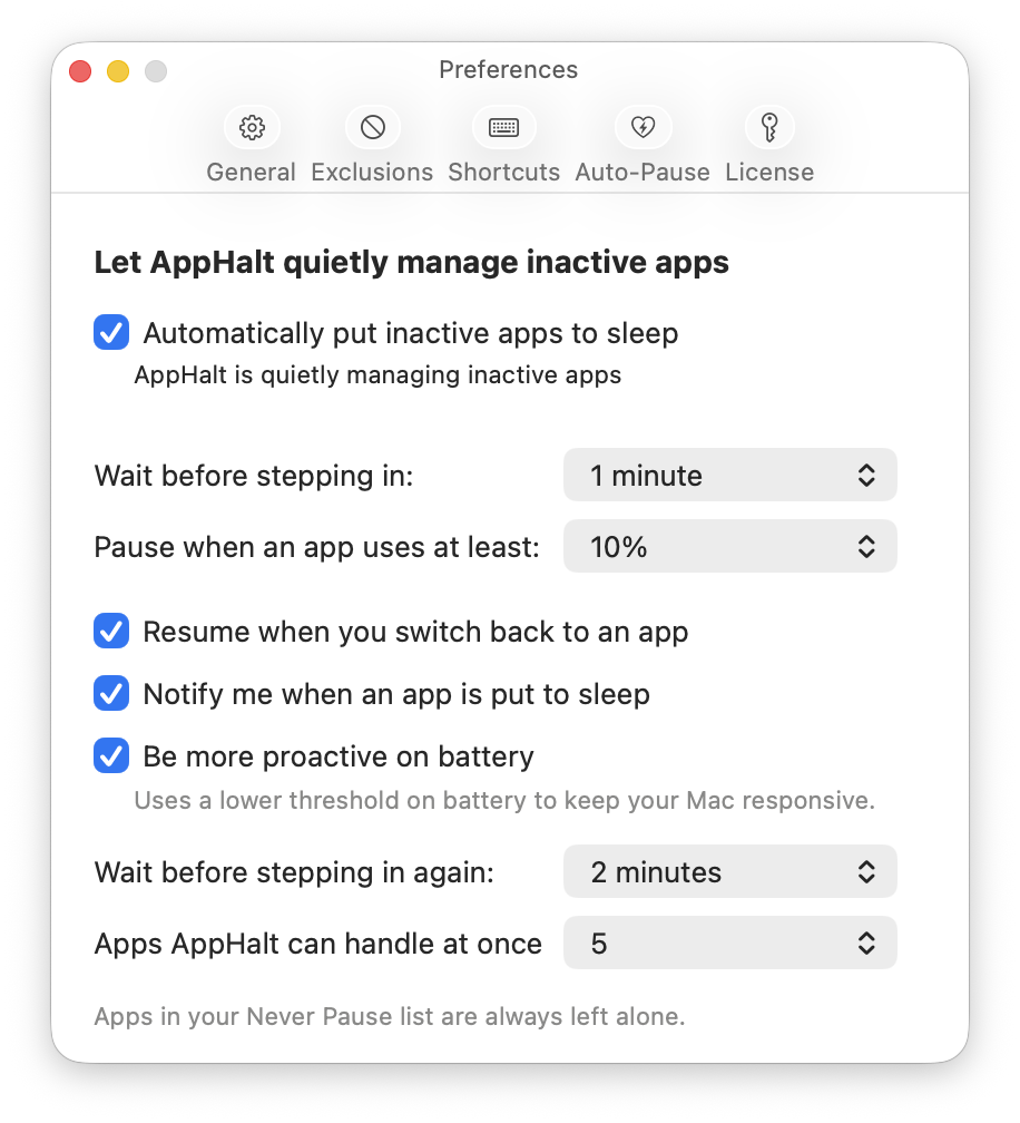 AppHalt Settings Auto-Pause tab showing automatic inactive app pausing, delay, CPU threshold, resume on switch back, notifications, battery mode, stepping delay, and number of apps handled at once.
