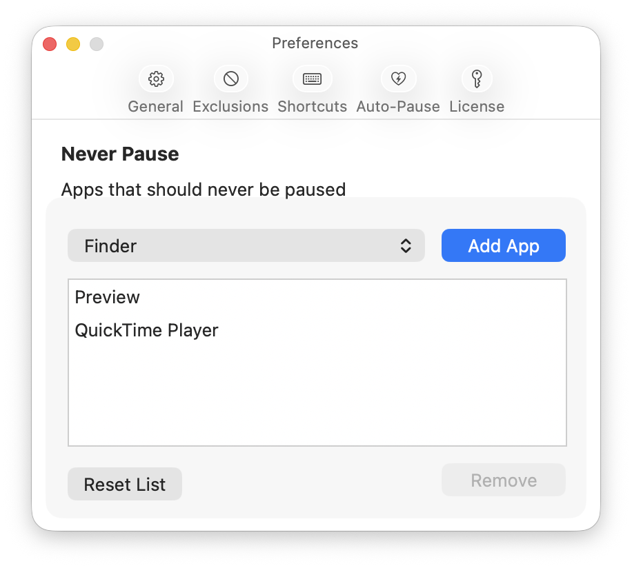 AppHalt Settings Exclusions tab showing the Never Pause list with Preview and QuickTime Player.