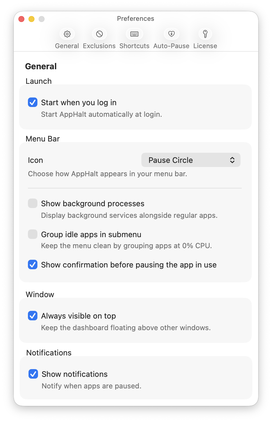 AppHalt Settings General tab showing launch, menu bar icon, background processes, idle app grouping, confirmation before pausing the app in use, always on top, and notifications.