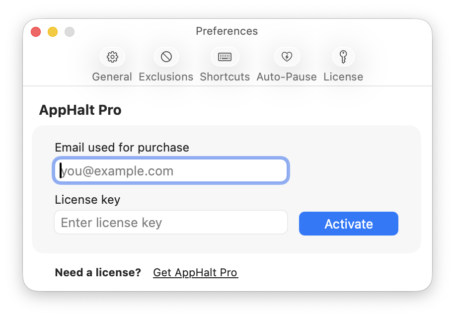 AppHalt Settings License tab showing email and license key fields with an Activate button.