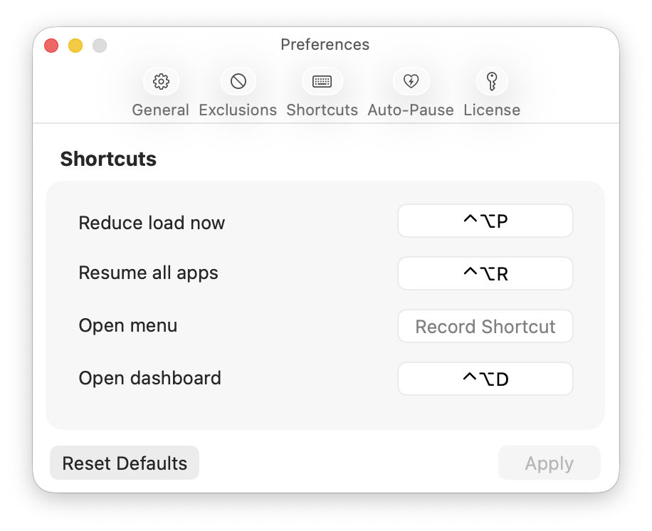 AppHalt Settings Shortcuts tab showing shortcuts for Reduce load now, Resume all apps, Open menu, and Open dashboard.